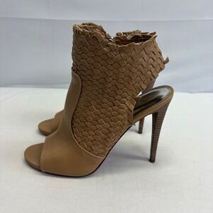 Coach Julie Booties Women 8.5 Tan Woven Leather Open Toe‎ Stiletto Heels